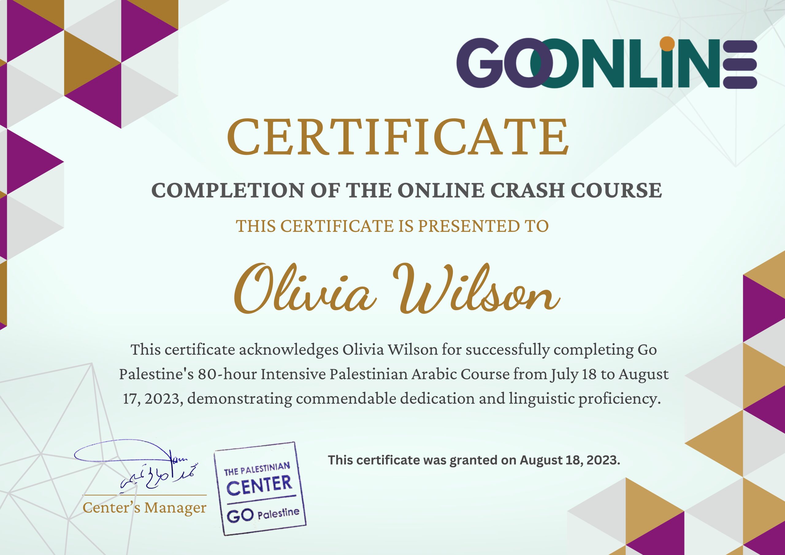 Example of a participation certificate for an online Arabic language course