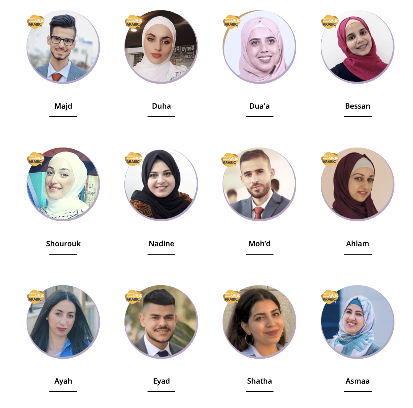 Our twelve Arabic teachers: Majd, Duha, Dua'a, Bessan, Shourouk, Nadine, Moh'd, Ahlam, Ayah, Eyad, Shatha and Asmaa